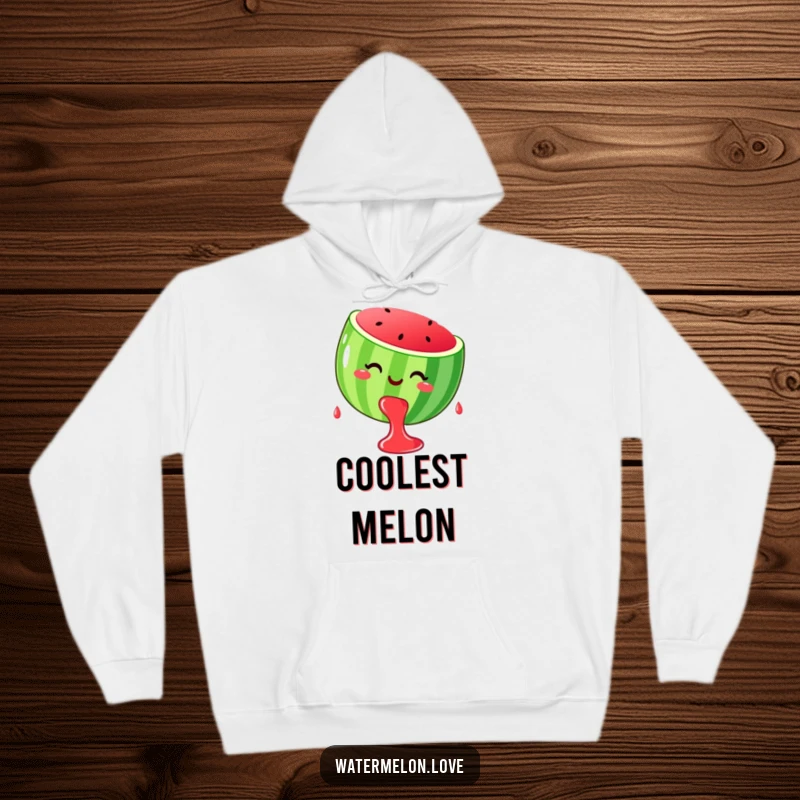 Funny stylized, smiling watermelon dripping happy juice drops, featured on a warm hoodie.