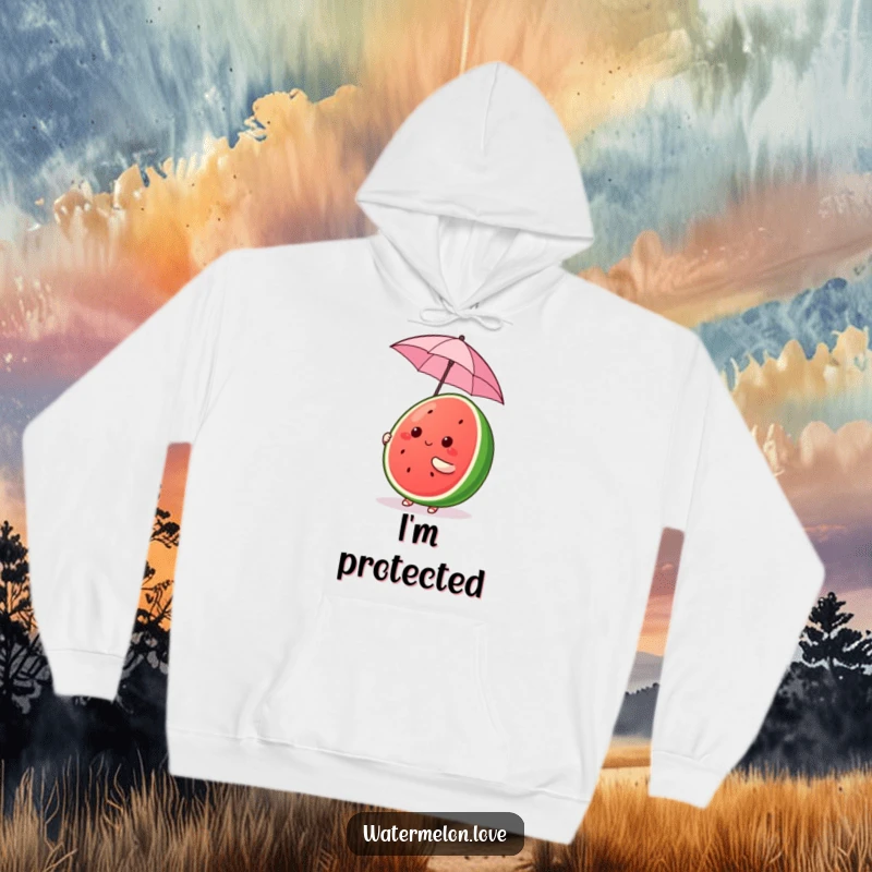 Funny Kawaii Watermelon Hoodie, cute fruit character comically balancing a tiny umbrella, cozy and whimsical funny gift.