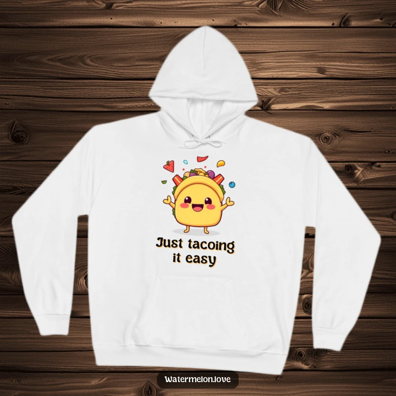 Funny Kawaii Taco Hoodie: A smiling taco character skillfully juggling colorful toppings, designed for maximum warmth and humor.