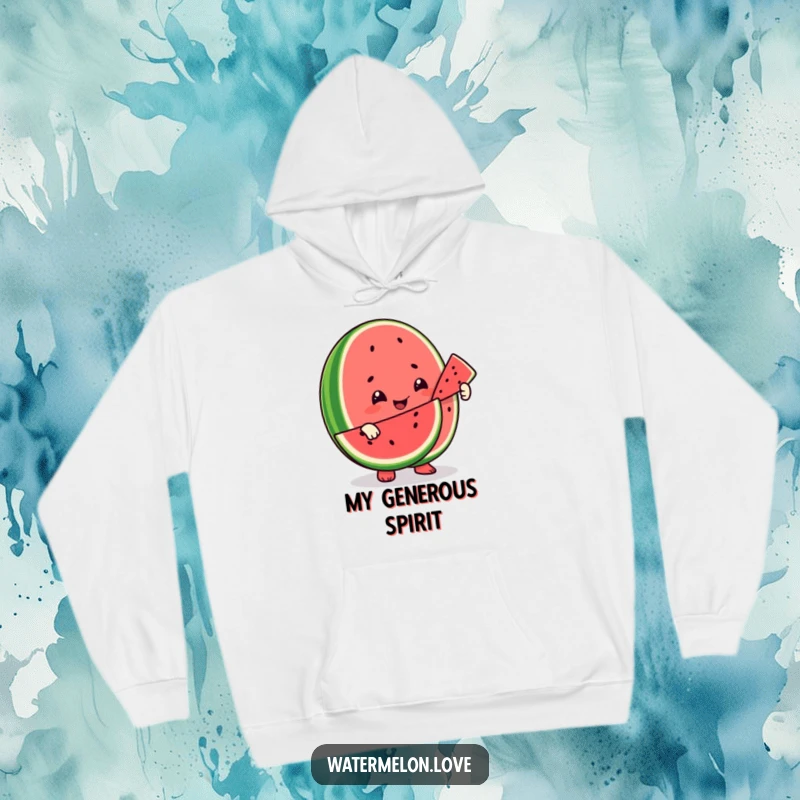 Funny hoodie depicting a happy watermelon character sharing a slice with another fruit, embodying friendship and generous spirit.