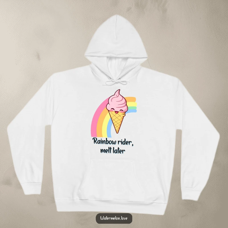 Funny hoodie with a winking anthropomorphic ice cream cone sliding down a rainbow, for cozy, sweet vibes.