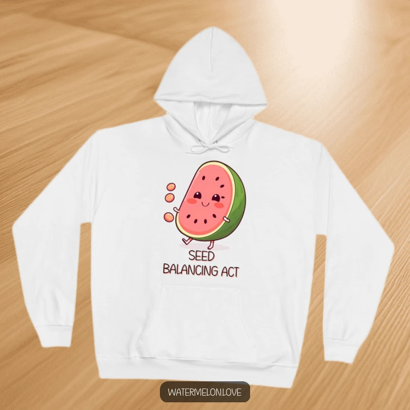 Funny Watermelon Hoodie: Soft hoodie with a smiling slice of watermelon juggling seeds, showcasing sweet summer vibes.