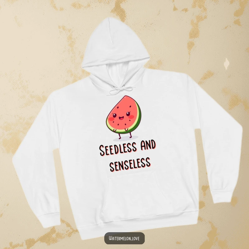 Funny Kawaii watermelon slice hoodie, showing a smiling character with legs joyfully bouncing, offering warmth and a touch of humor.