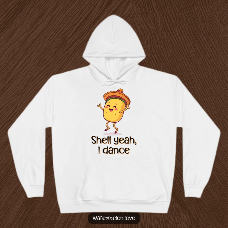 Funny hoodie featuring a happy anthropomorphic taco with legs dancing with a sombrero, a symbol of festive comfort.