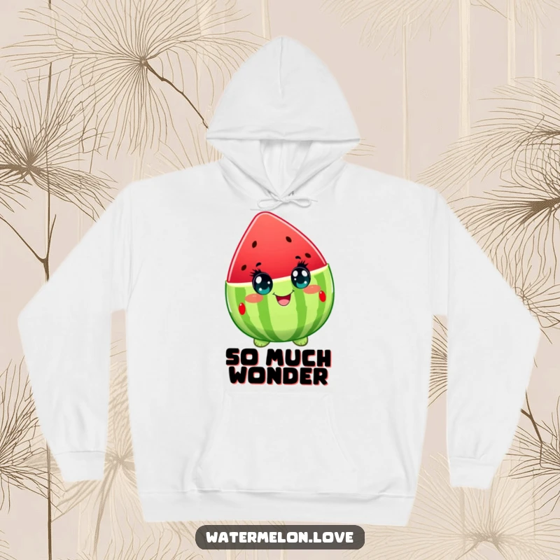 Funny hoodie depicting a watermelon character with wide, sparkling eyes of delight, embodying warmth, comfort, and pure, happy excitement.
