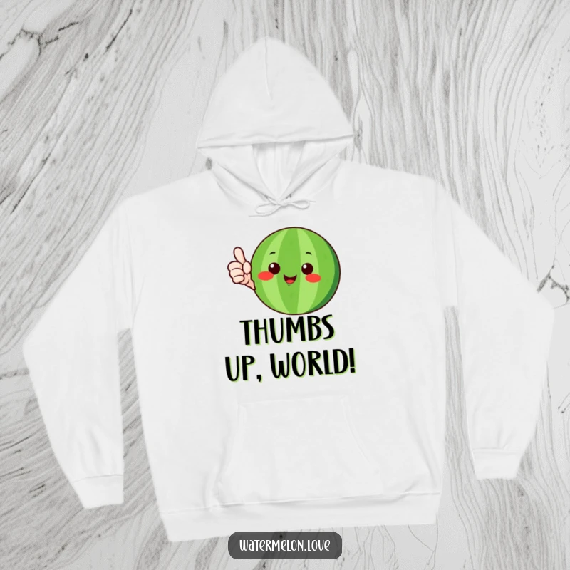 Funny watermelon character with green rind giving a positive thumbs-up, featured on a cozy hoodie, a humorous and comforting gift.