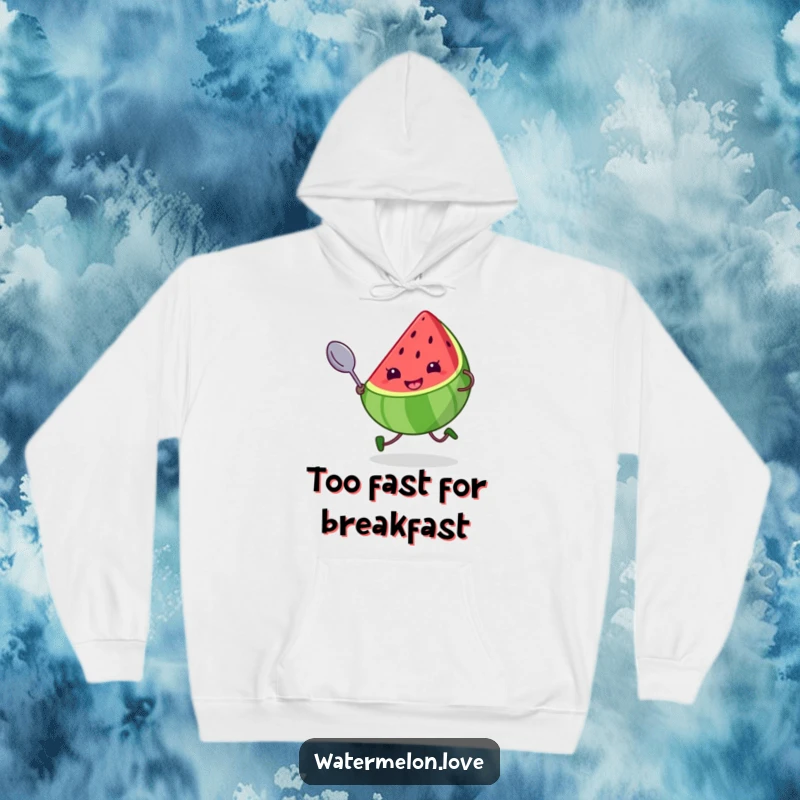 Funny hoodie with a cheeky kawaii watermelon slice character, running with a giant spoon, depicting a humorous and action-packed scene.