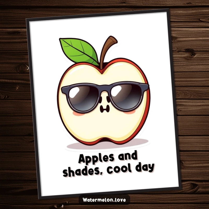 Funny Free Printable Contented Apple Slice Wearing Sunglasses as Printable Wall Art.