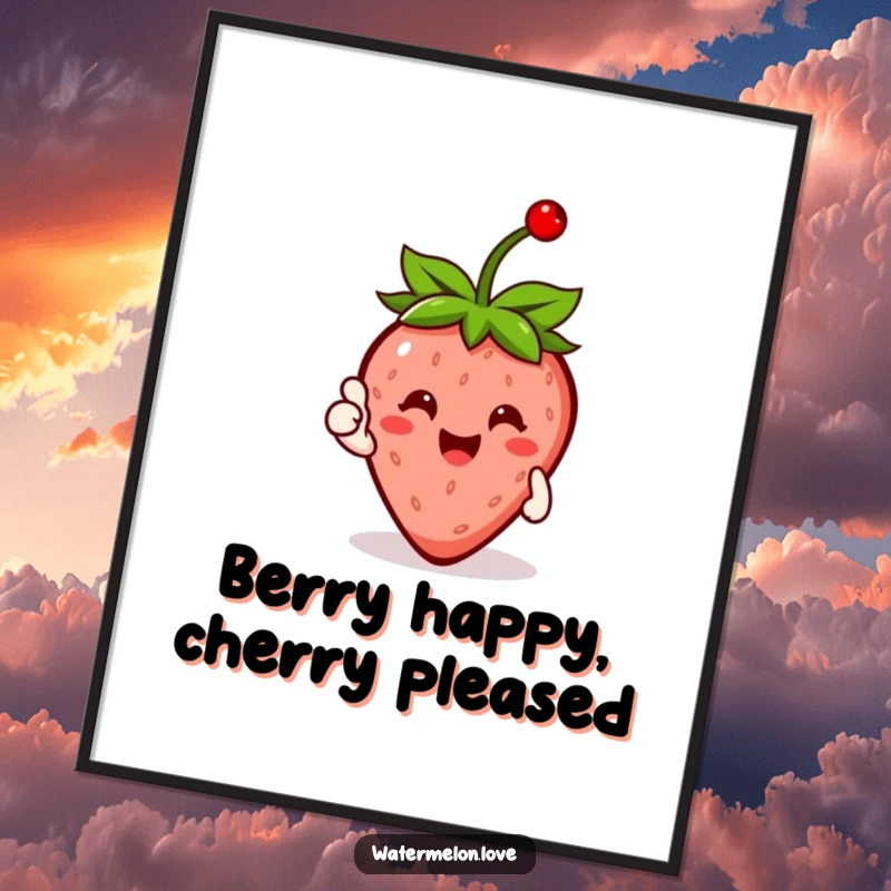 Funny Free Printable Happy Strawberry with Cherry Giving Thumbs Up as Printable Wall Art.
