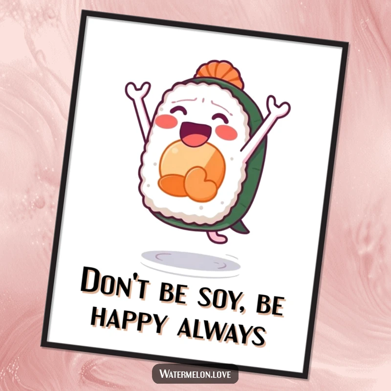 Funny Free Printable Wall Art: An excited anthropomorphic piece of sushi caught mid-leap, full of pure happiness.