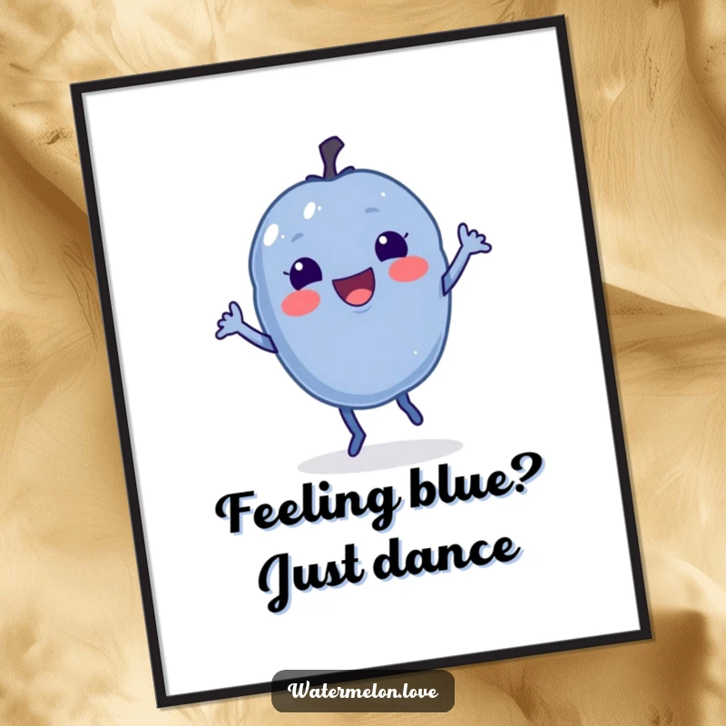 Funny Free Printable Delighted Blueberry Doing a Little Jig as Printable Wall Art.