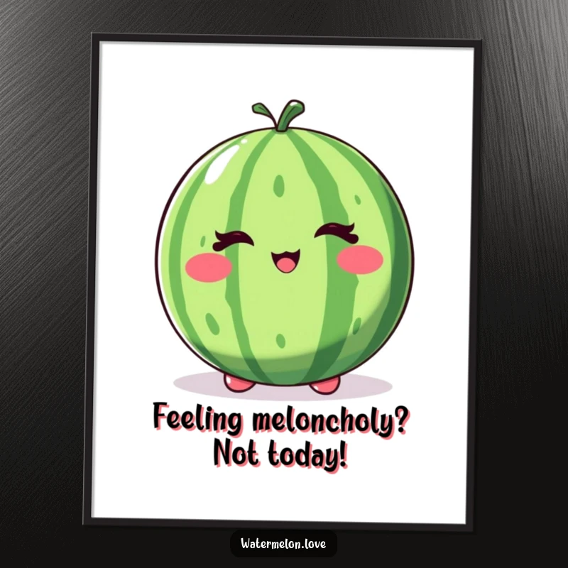 Funny Free Printable Wall Art: A whole watermelon giving a cheeky wink with a bouncy stance, a humorous downloadable poster.
