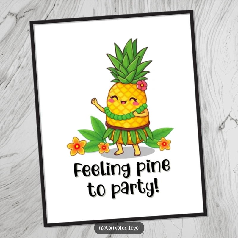 Funny Free Printable Wall Art: Anthropomorphic pineapple in a lively hula dance pose, tropical, vibrant, downloadable art.