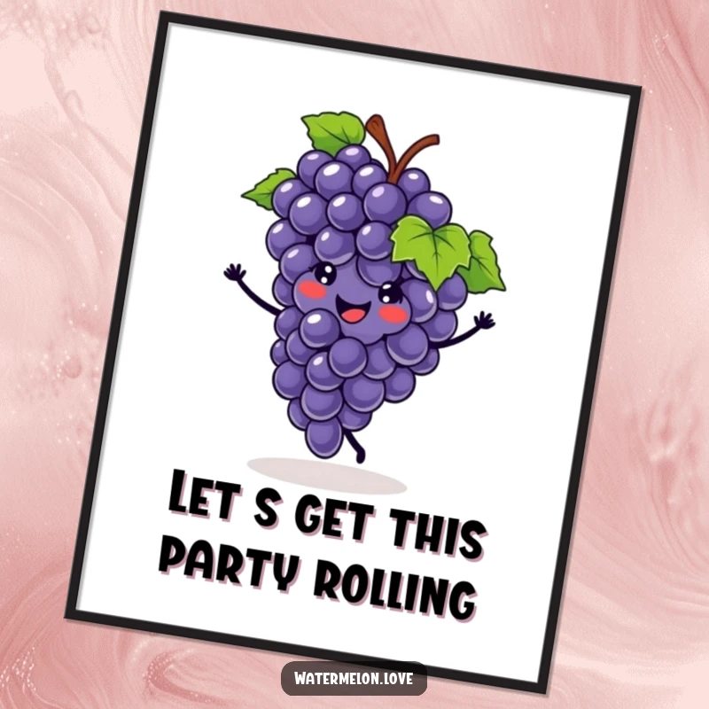 Funny Free Printable Wall Art: Cheerful smiling grape cluster doing a lively cartwheel with vine accents.