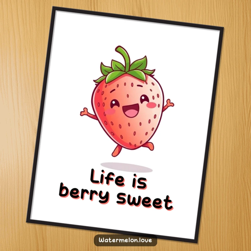 Funny Free Printable Wall Art: A whimsical kawaii strawberry with a huge grin, captured mid-air during a playful jump.