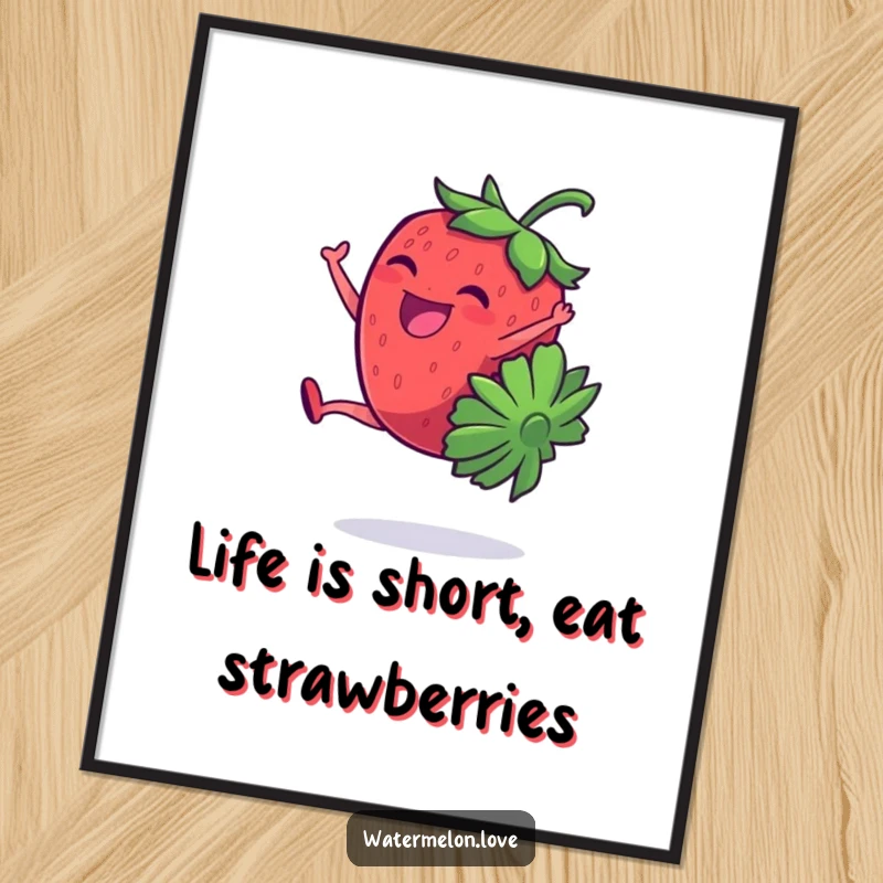 Funny Free Printable Wall Art: A giggling strawberry does a cartwheel, a downloadable piece of vibrant, humorous art.