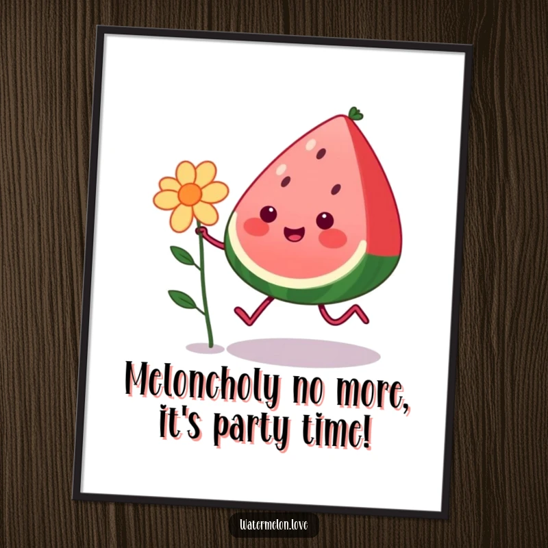 Funny free printable wall art of a kawaii watermelon with legs happily skipping with a flower, bringing joy to any room.