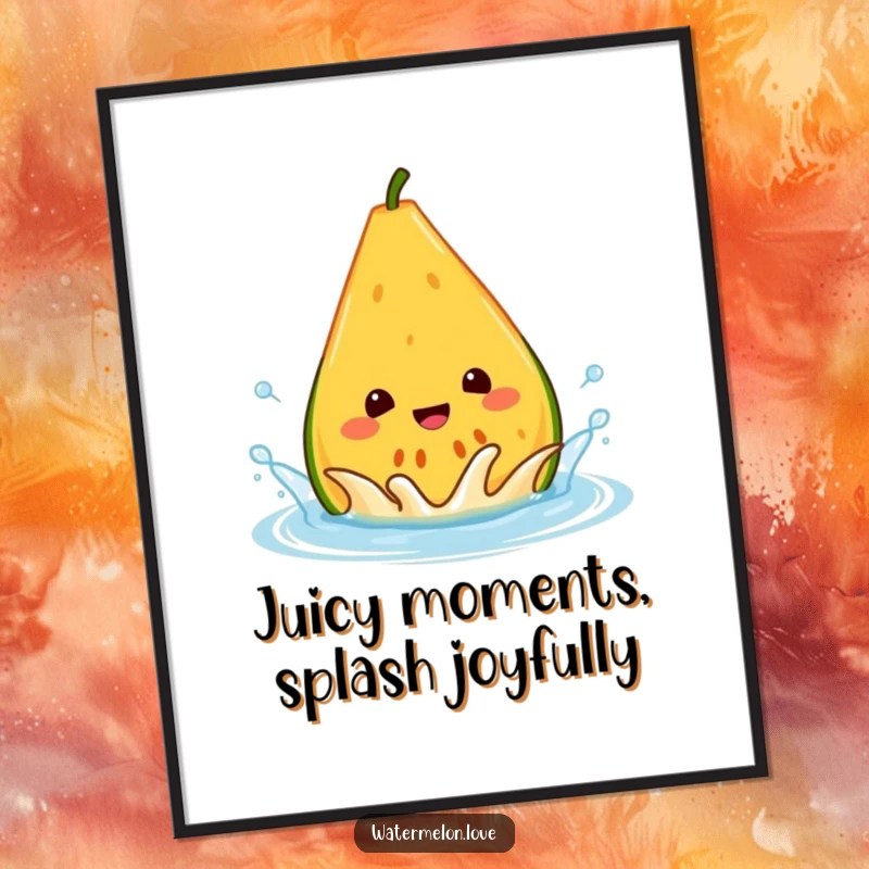 Funny Free Printable Wall Art showing a happy watermelon wedge splashing in a water droplet, perfect for adding a fun, refreshing vibe.