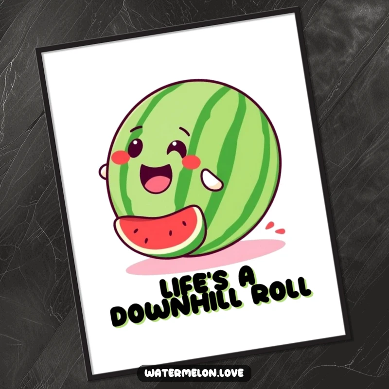 Funny free printable wall art of a stylized, happy watermelon rolling downhill with a look of absolute glee and excitement.