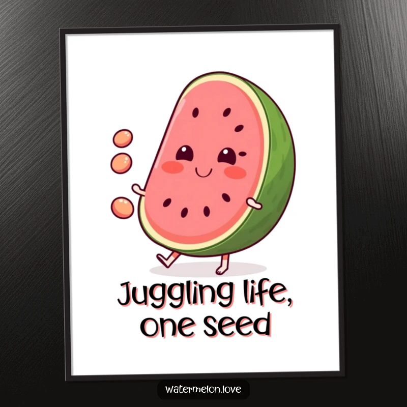 Funny Free Printable Wall Art: A smiling, anthropomorphic slice of watermelon skillfully juggling small, round seeds.
