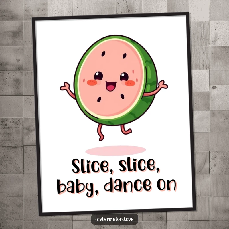 Funny Free Printable Wall Art: A kawaii watermelon slice with legs does a happy jig, radiating cheerful and vibrant energy.