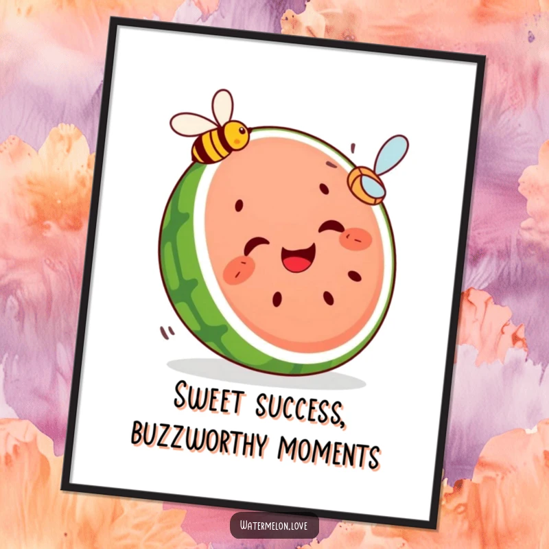 Funny Free Printable Wall Art depicting a giggling segmented watermelon slice excitedly chasing a tiny bee through a whimsical scene, perfect for lighthearted decor.