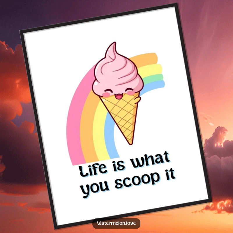 Funny Free Printable Wall Art: A winking ice cream cone sliding down a colorful rainbow, evoking joy and sweet dreams.