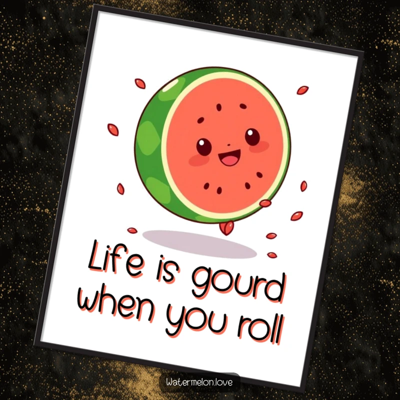 Funny Free Printable Wall Art: A dynamic Kawaii watermelon character mid-cartwheel, radiating pure, silly joy.