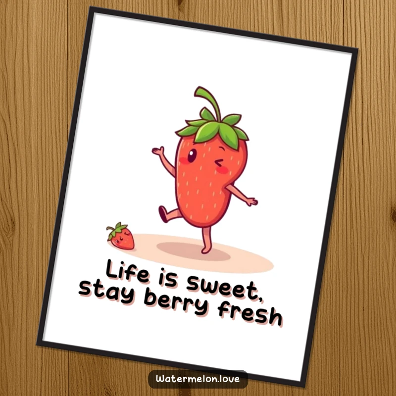 Funny Free Printable Wall Art: A cheerful anthropomorphic strawberry mid-cartwheel, radiating fun and energy.