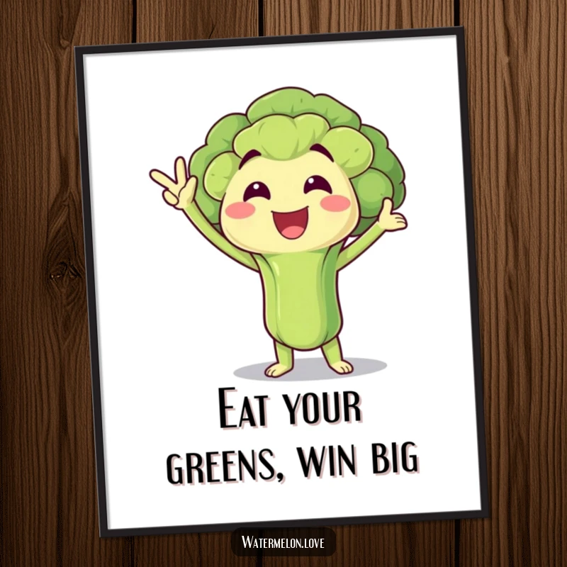 Funny Free Printable Wall Art: Anthropomorphic broccoli floret striking a jubilant victory pose, healthy, triumphant, downloadable art.