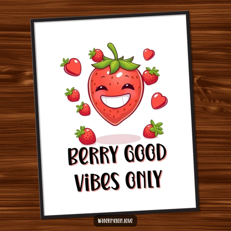 Funny Free Printable Wall Art depicting a joyful strawberry skillfully juggling colorful berries with a huge grin.