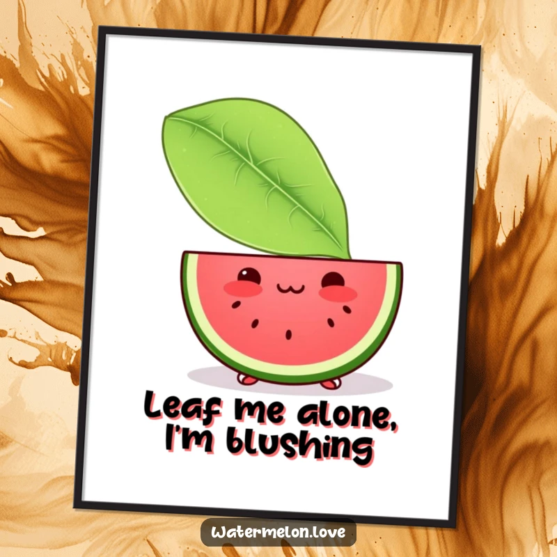 Free Printable Wall Art: A cute, blushing Kawaii watermelon slice peeking shyly from behind a large, lush green leaf.