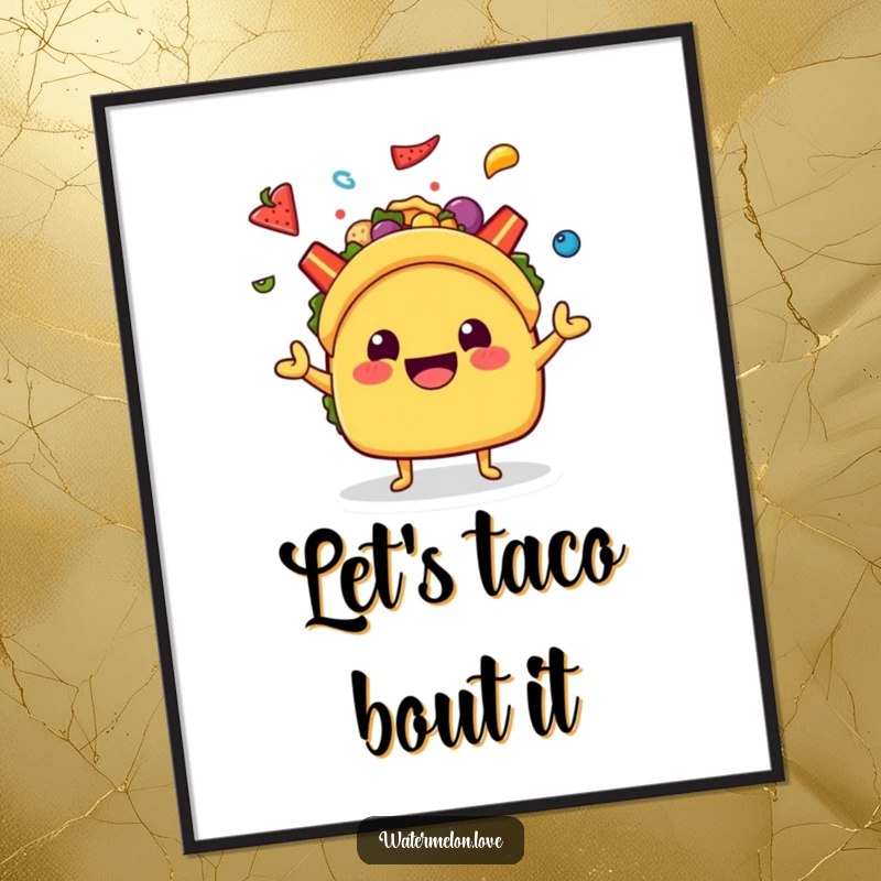 Funny Free Printable Wall Art: A happy kawaii taco character with a wide smile, juggling a delightful assortment of fresh, colorful toppings.
