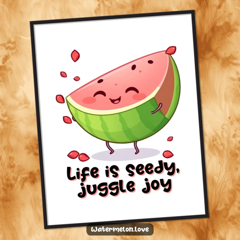 Funny Free Printable Wall Art featuring a smiling watermelon slice with small legs, energetically juggling seeds, perfect for summer decor.