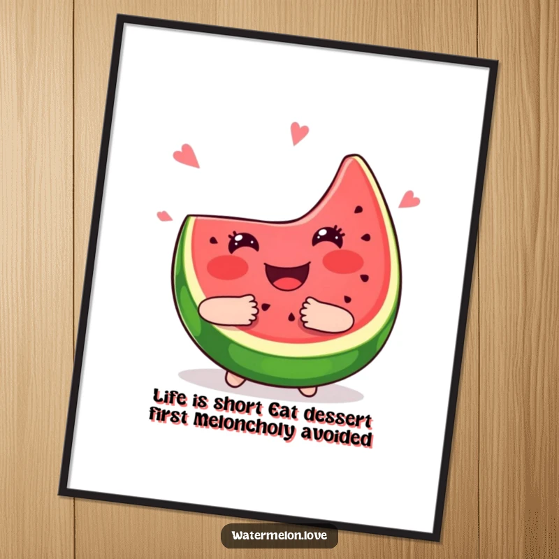 Funny Free Printable Wall Art: A cheerful kawaii watermelon slice beaming with joy, delivering a big, juicy, loving hug.