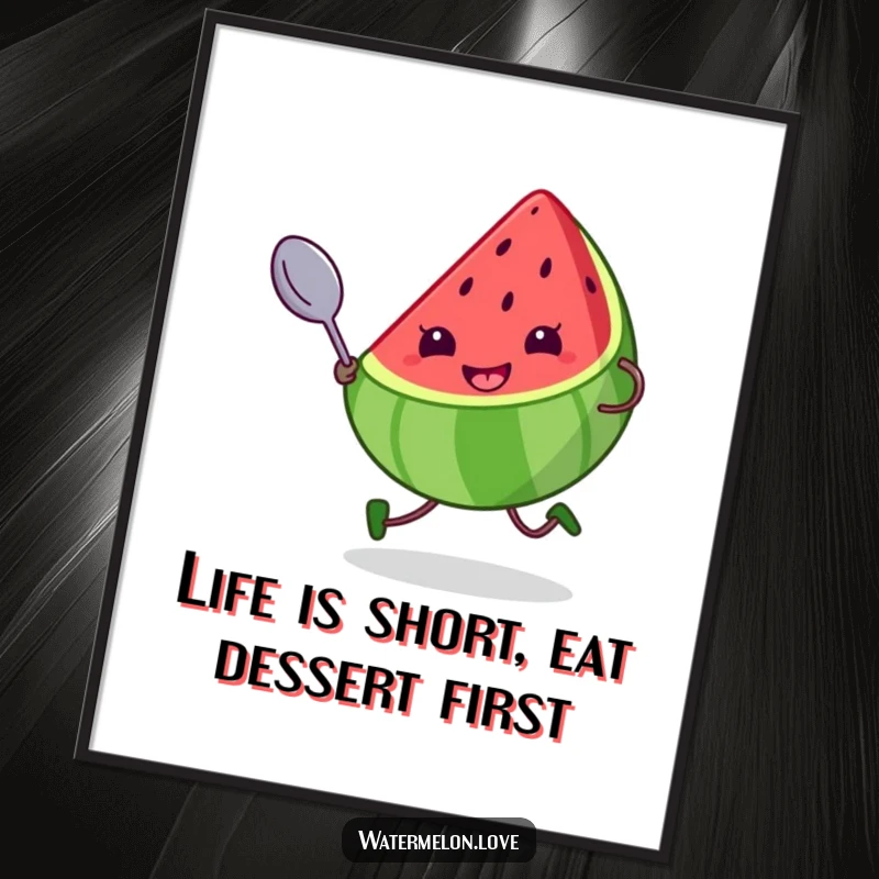 Funny Free Printable Wall Art: A kawaii watermelon character with a cheeky grin, sprinting with a massive spoon, creating a humorous scene.