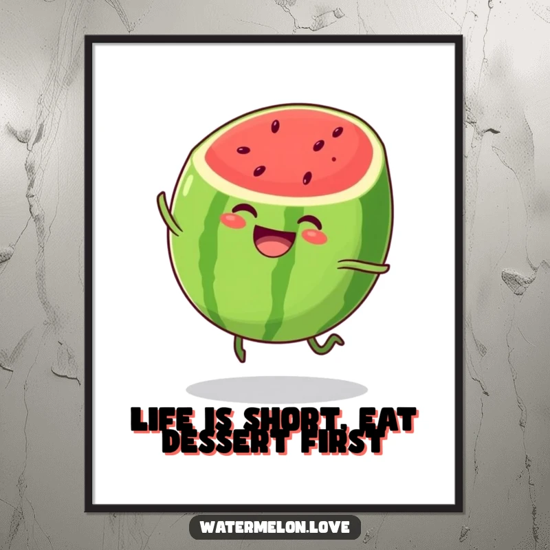 Funny Free Printable Wall Art: A smiling anthropomorphic watermelon slice bouncing with pure, infectious joy.