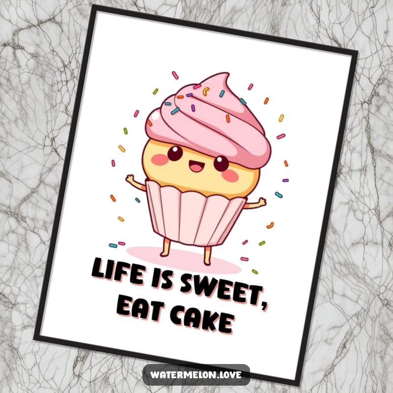 Funny Free Printable Wall Art: Anthropomorphic cupcake with sprinkles spinning energetically, joyful, sweet, downloadable art.