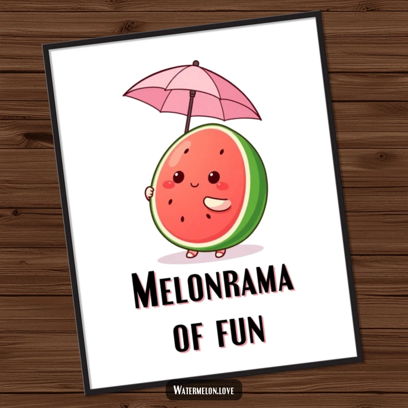 Funny Free Printable Wall Art: A kawaii watermelon character comically balancing a tiny umbrella, adding a playful and fruity touch.