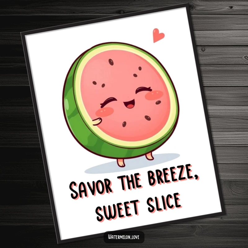 Funny Free Printable Wall Art featuring a wobbly watermelon slice with closed eyes, enjoying a cool breeze, perfect for relaxing decor.
