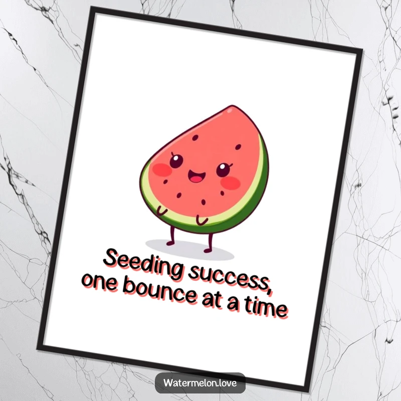 Funny Free Printable Wall Art: A smiling Kawaii watermelon slice with tiny legs, happily bouncing in a playful, energetic pose.