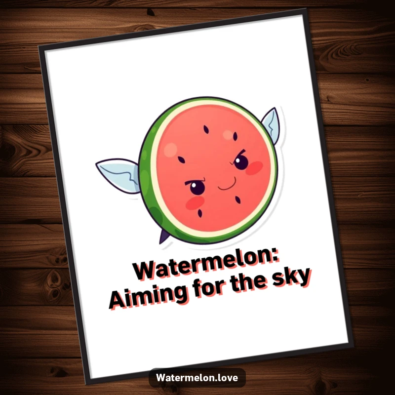 Funny Free Printable Wall Art: A kawaii watermelon slice with a determined expression attempts to fly with all its might.