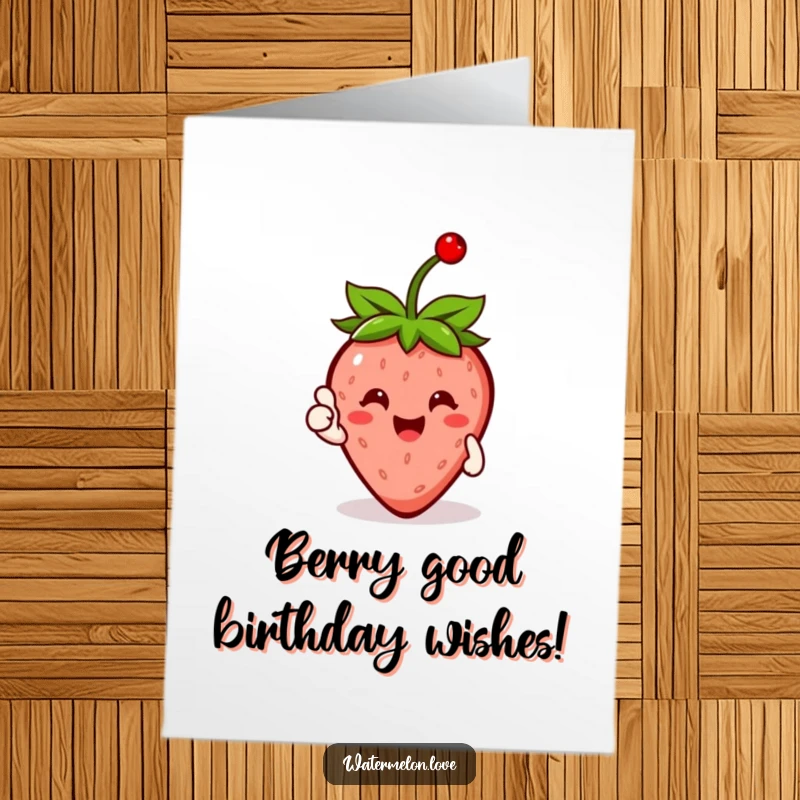 Funny Free Printable Happy Strawberry with Cherry Giving Thumbs Up on Birthday Card, DIY Fruit Fun.