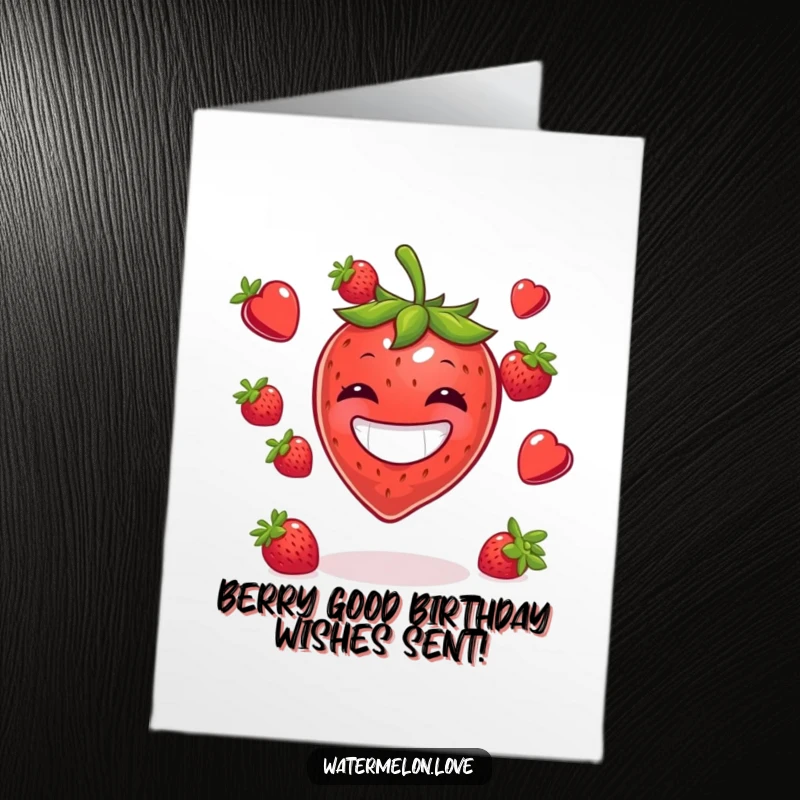 Funny Free Printable Birthday Card featuring a grinning strawberry expertly juggling multiple berries with joy.