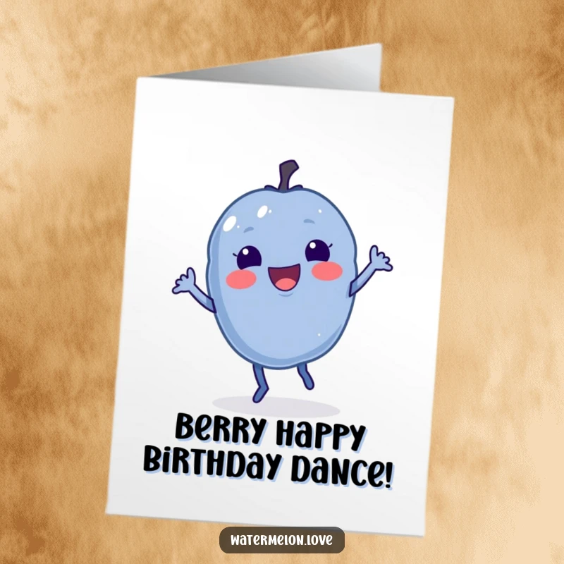 Funny Free Printable Delighted Blueberry Doing a Little Jig on Birthday Card, Joyful Fruit Fun.
