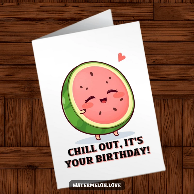 Funny Free Printable Birthday Card featuring a wobbly watermelon slice with eyes closed, blissfully enjoying a cool breeze, perfect for relaxation.