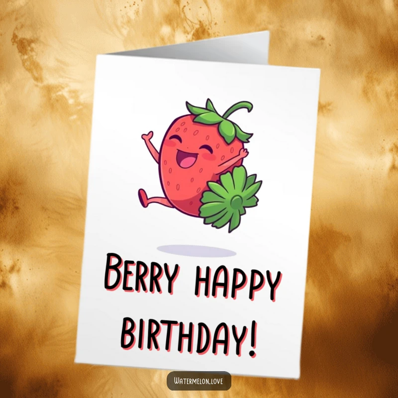 Funny Free Printable Birthday Card: A giggling strawberry does a cartwheel, a playful and fruity downloadable birthday wish.