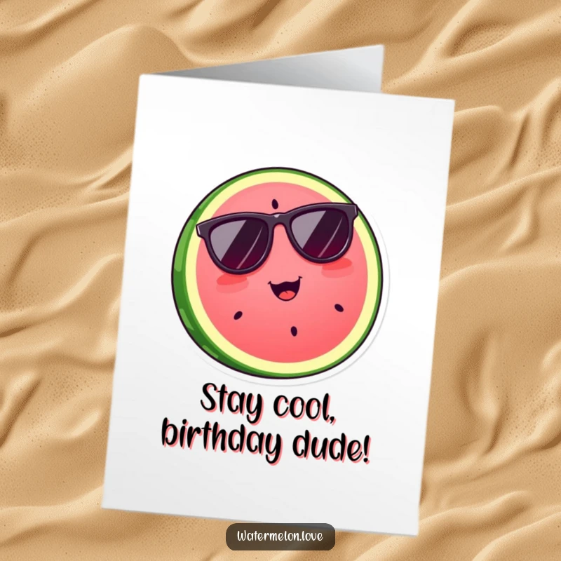 Funny free printable birthday card featuring a delighted watermelon slice wearing stylish sunglasses, exuding cool vibes.