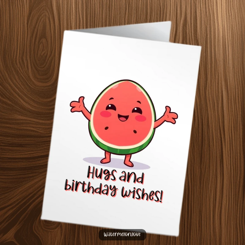 Funny Free Printable Birthday Card: A cheerful Kawaii watermelon wedge with arms outstretched, ready to give a big, friendly hug.