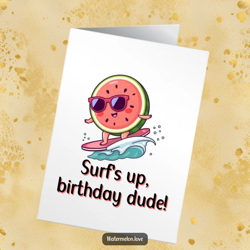Funny Free Printable Birthday Card: A kawaii watermelon slice with sunglasses surfs a tiny wave, celebrating a birthday with cool style.